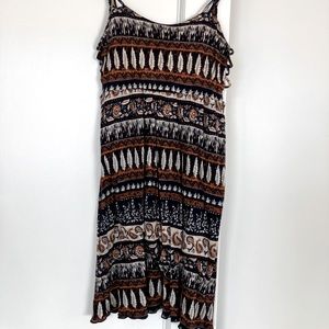 F21 MINI-MIDI PRINT BOHO TEXTURE BRAIDED STRAPS CAMI DRESS